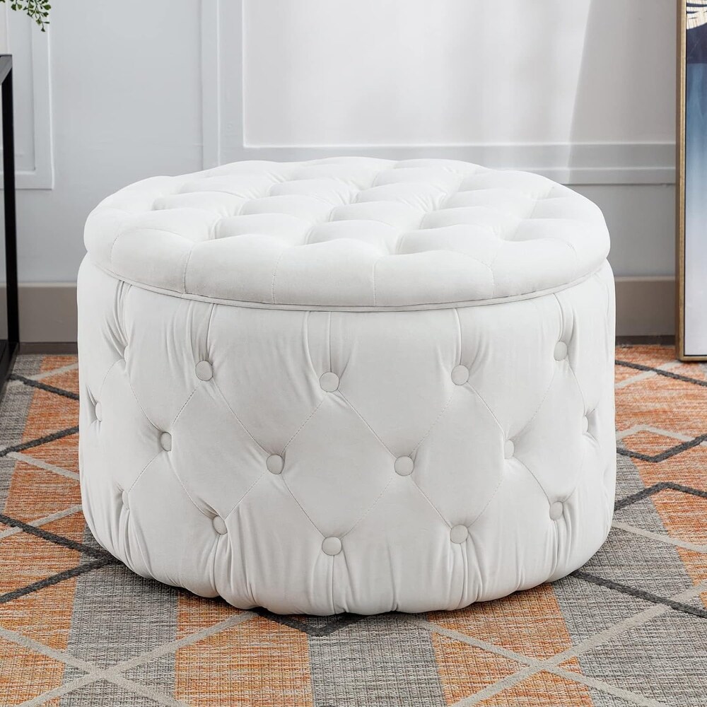 Mixoy Large Round Velvet Storage Ottoman  Button Tufted Footrest Stool