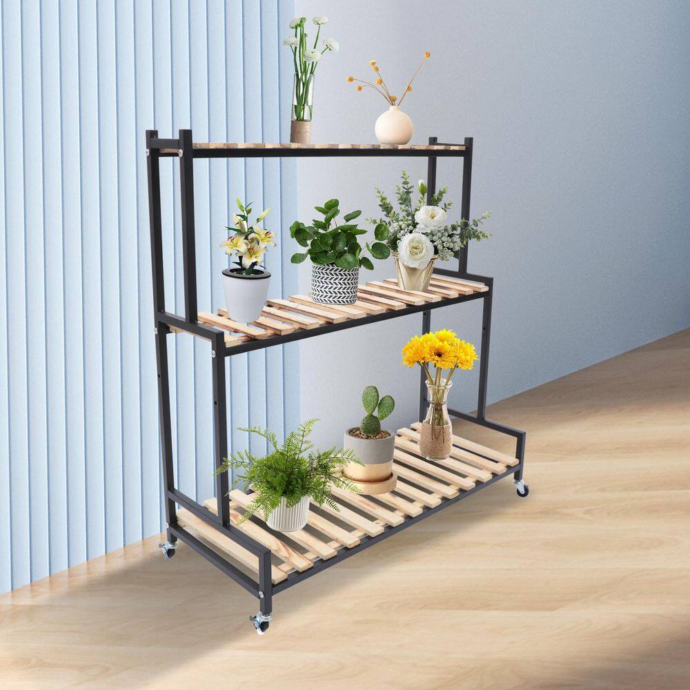 YIYIBYUS 40.9 in. Tall Indoor/Outdoor Black Metal Wood Plant Stand (3-Tiered) HG-LYF2496-600