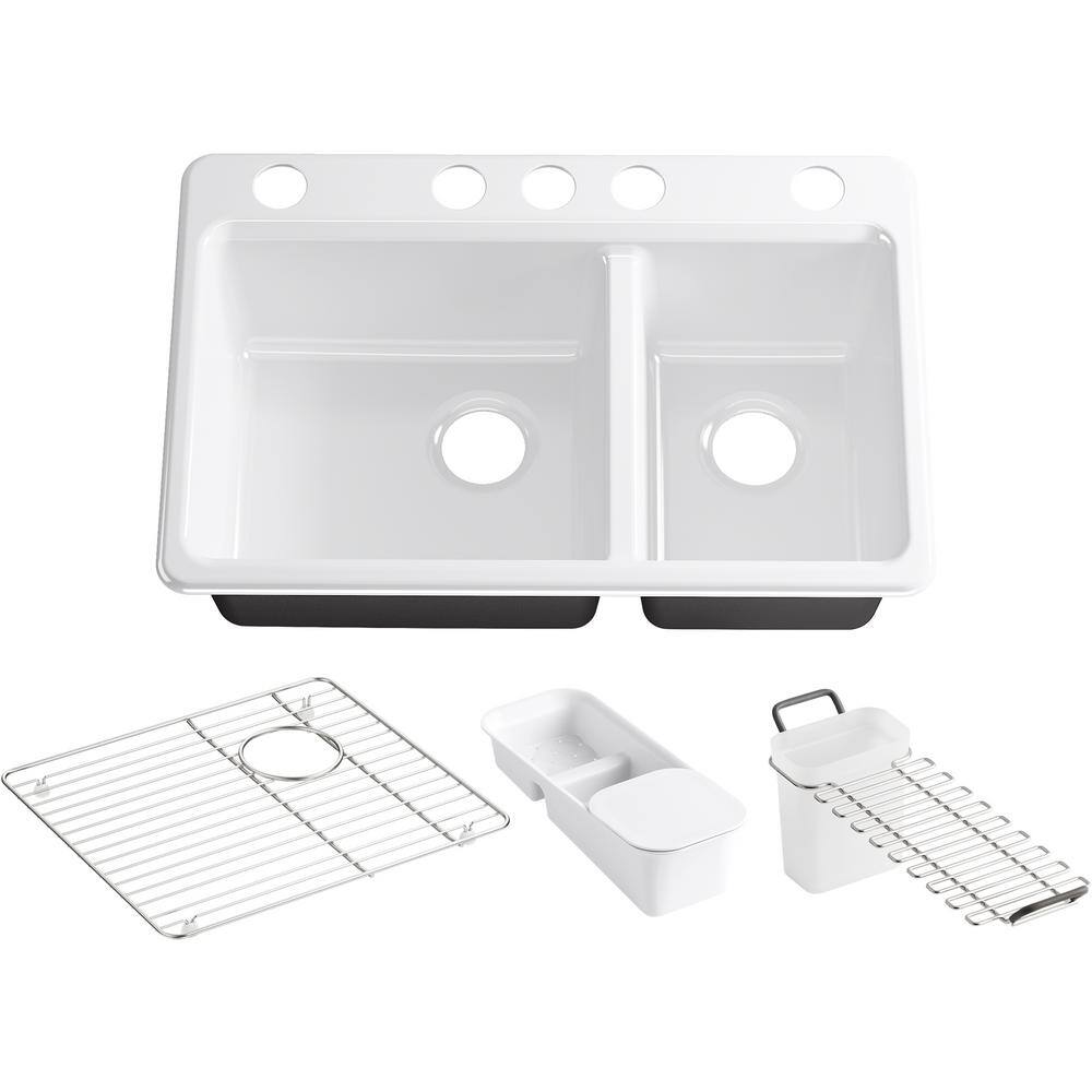 KOHLER Riverby Undermount Cast Iron 33 in. 5-Hole Double Bowl Kitchen Sink Kit in White K-8669-5UA3-0