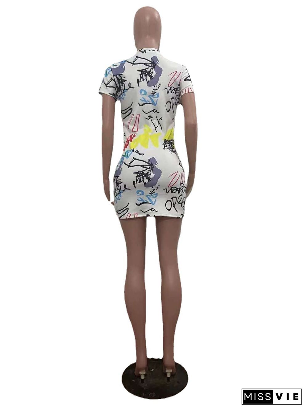 Fashion Graffiti Printed Women Casual Sexy Short Sleeve O Neck Bodycon Club Wear Mini Dresses