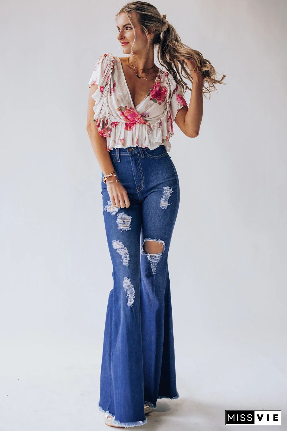 High Waist Hole Ripped Bell Jeans