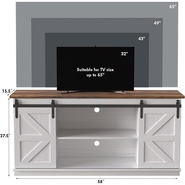 Farmhouse TV Stand up to 65 Inches， Mid Century Modern Entertainment Center with Sliding Barn Doors and Storage Cabinets