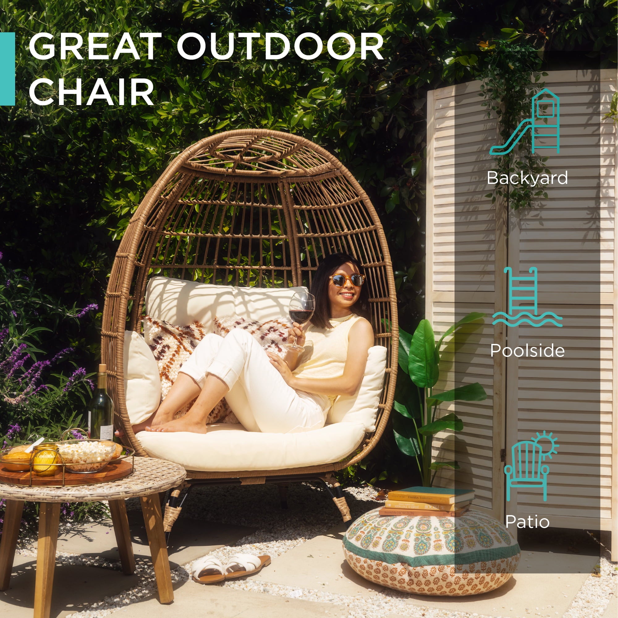 Best Choice Products Wicker Egg Chair Oversized Indoor Outdoor Patio Lounger w/ Steel Frame, 440lb Capacity - Ivory