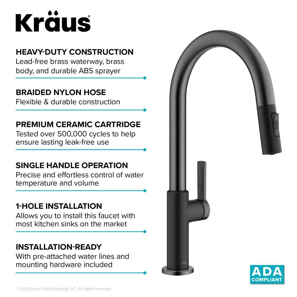 KRAUS Oletto Single Handle Pull-Down Kitchen Faucet in Matte BlackSpot Free Black Stainless Steel KPF-2820MBSFSB