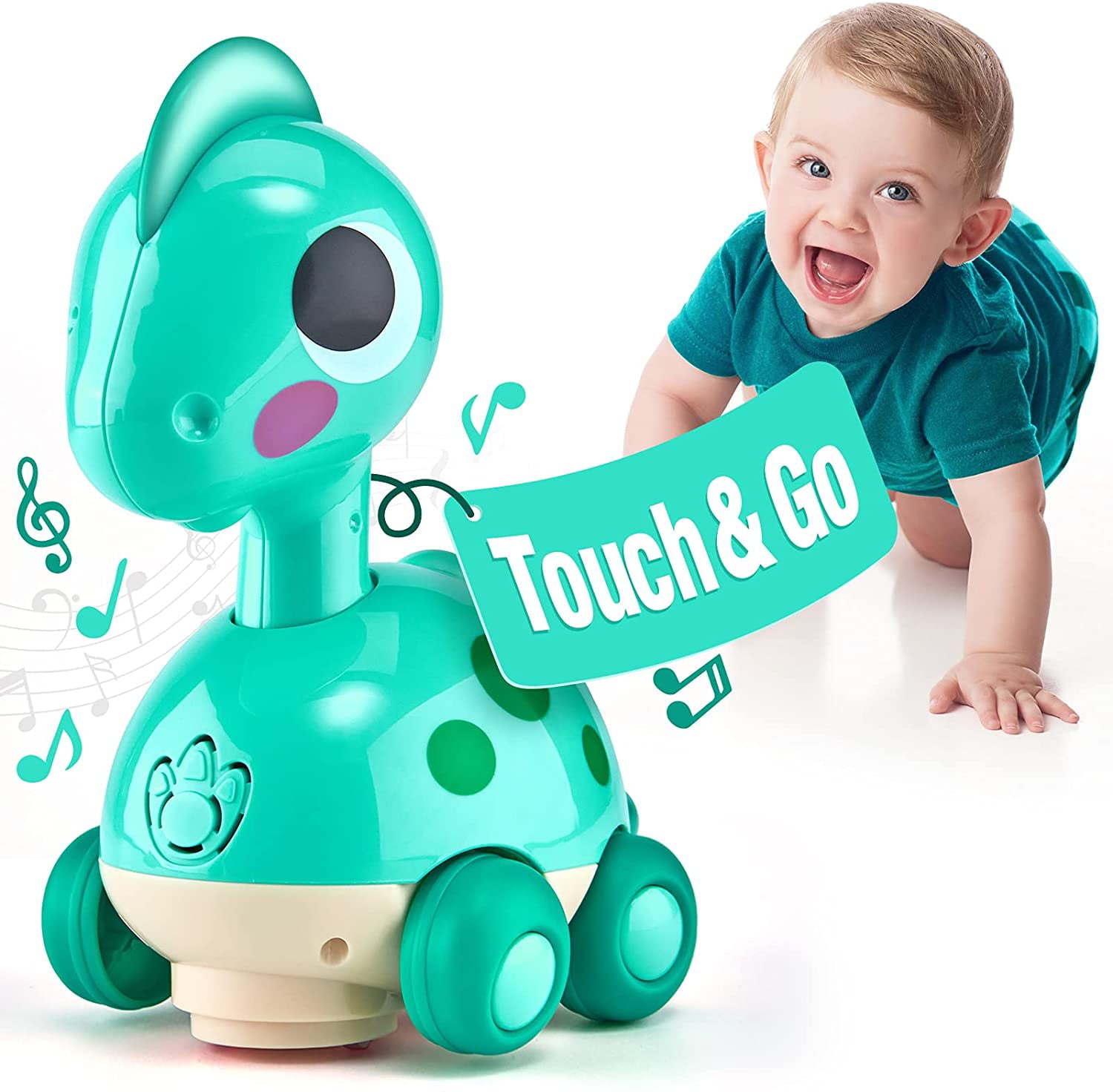 Zendure Green Baby Toys 6 to 12 Months， Touch and Go Music Light Dinosaur Baby Crawling Toys - Infant Toys 6 Month Old Baby Toys for 12-18 Months Toys for 1 Year Old Boy Gifts Toy