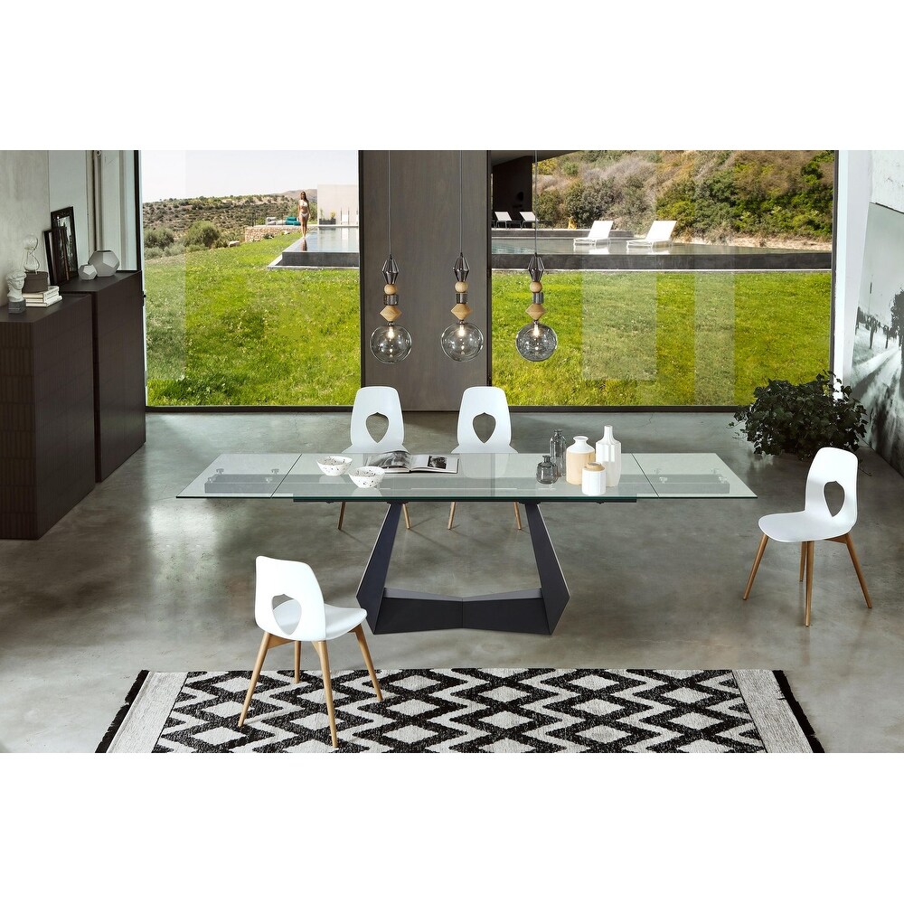 Clear Glass Extension Dining Table with Black Metal Base