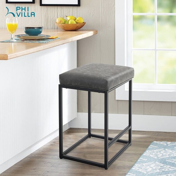 PHI VILLA 24'' Square PU Leather Bar Stool with Sturdy Metal Frame， Set of 2