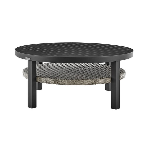 Aileen Grey Wicker Rattan and Black Aluminum Slat Top Round Outdoor Coffee Table