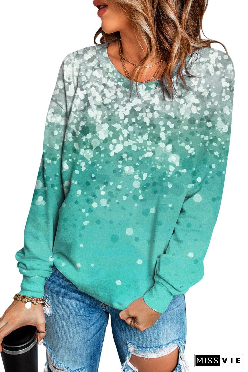 Sky Blue Bleached Splatter Gradient Long Sleeve Sweatshirt