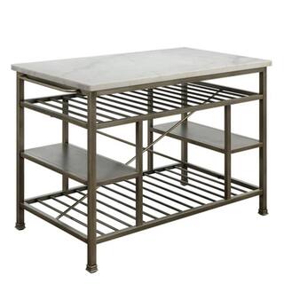 Benjara 36 in. H Gray and White Marble Top Metal Kitchen Island with 2-Slated Shelves BM214991