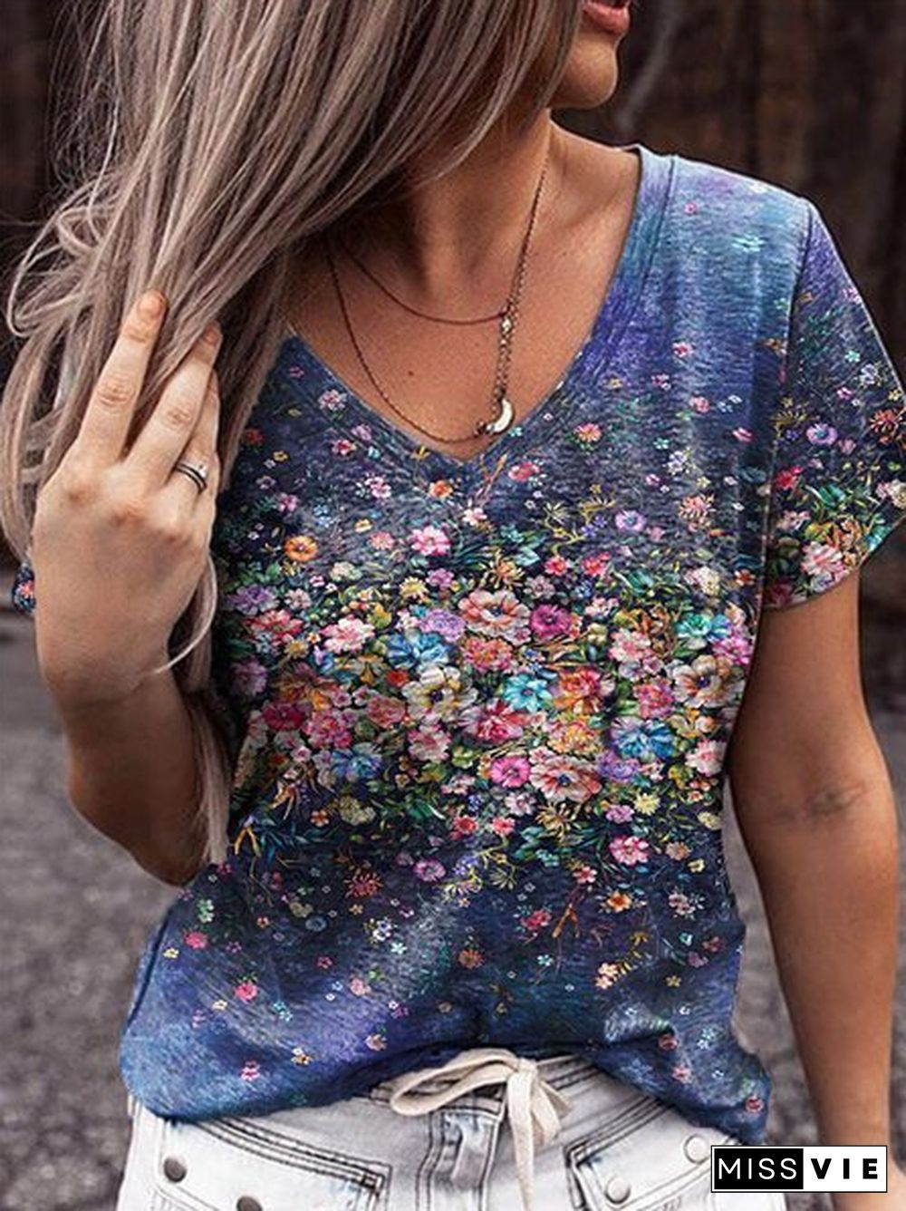 Women's Floral V Neck Floral-Print Short Sleeve Casual T-shirt