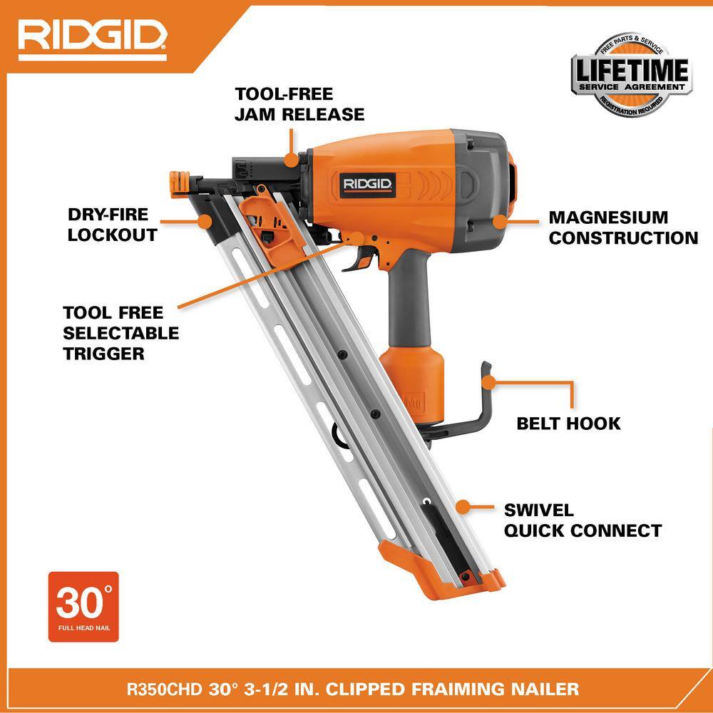 RIDGID Pneumatic 30 to 34-Degree 3-12 in. Clipped Head Framing Nailer R350CHD