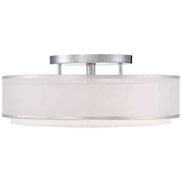 Wide Chrome 3 light Sheer Outer Off White Inner Drum Shade For Bedroom House