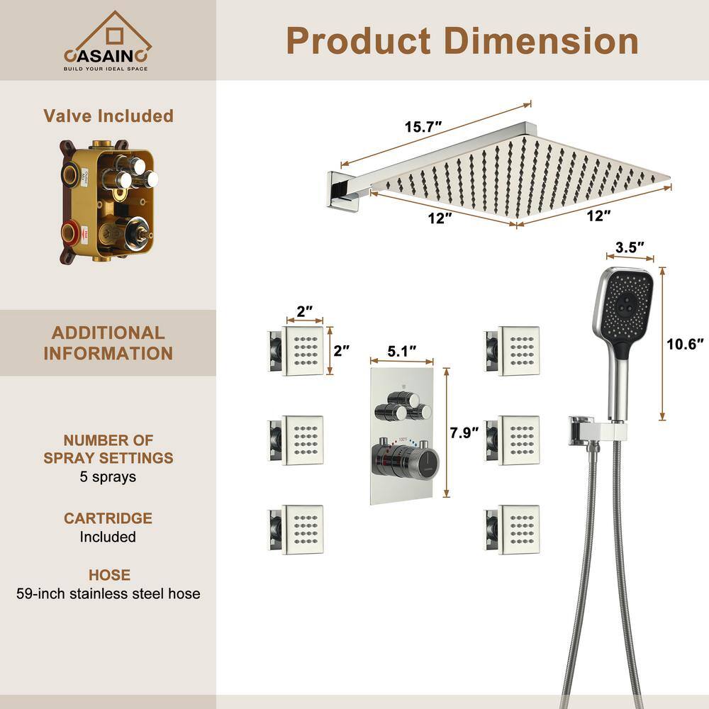 CASAINC 6-Spray Thermostatic Dual Shower Heads 12 in. Wall Mount Fixed and Handheld Shower Head 2.5 GPM with 6-Jets in Chrome CS6219-12CH