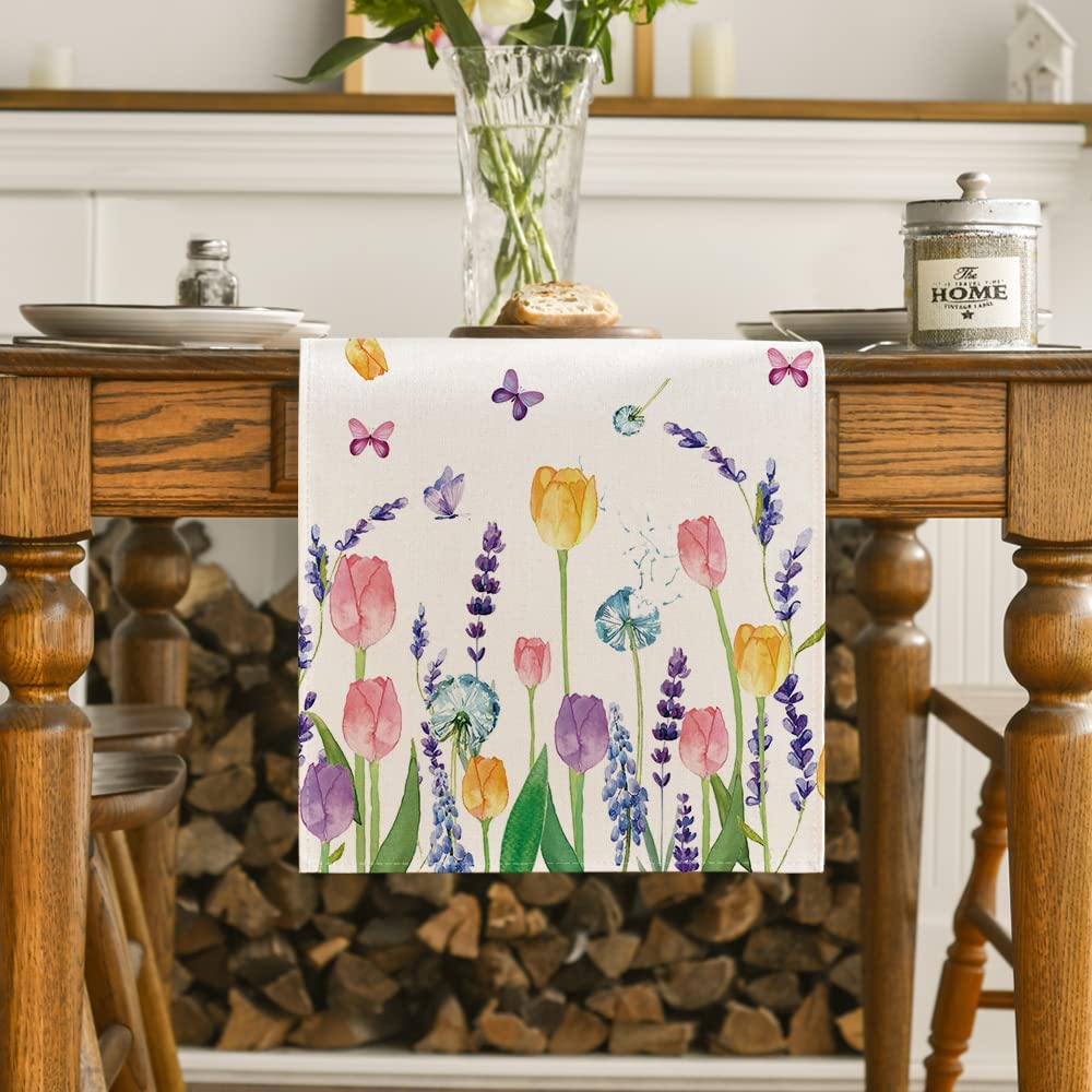 Artoid Mode Lavender Tulip Spring Table Runner for Dining Table 13 x 72 Home Kitchen Decor