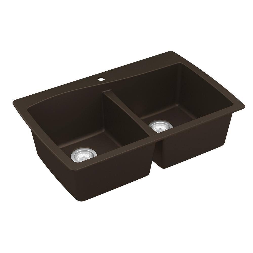 Karran QT-720 QuartzGranite 34 in. Double Bowl 5050 Top Mount Drop-In Kitchen Sink in Brown with Bottom Grid and Strainer QT-720-BR-PK1