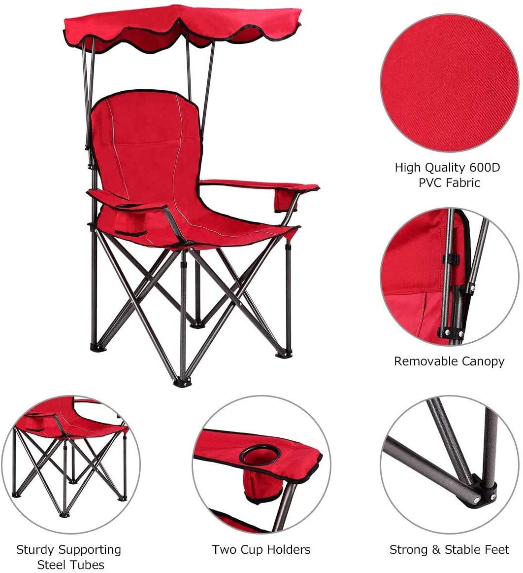 Beach Chair with Canopy Shade, Folding Lawn Chair with Umbrella Cup Holder & Carry Bag, Portable Sunshade Chair for Adults for Outdoor Travel Hiking Fishing, Red