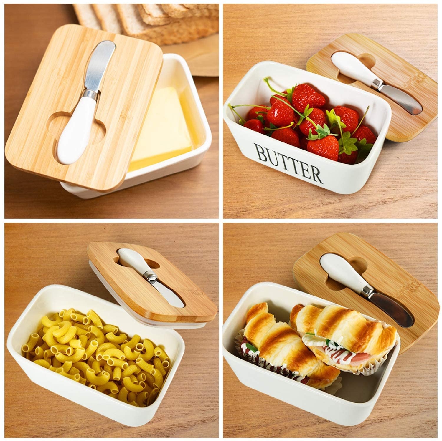 Butter Dish with Knife - Airtight Butter Keeper Holds Up to 2 Sticks of Butter - Porcelain Container with Wooden Lid， White