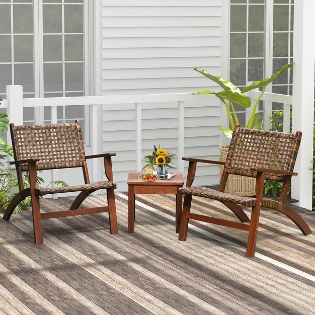 Tangkula 3 Pieces Outdoor Eucalyptus Wood Bistro Set Modern Hand woven Pe Wicker Conversation Set