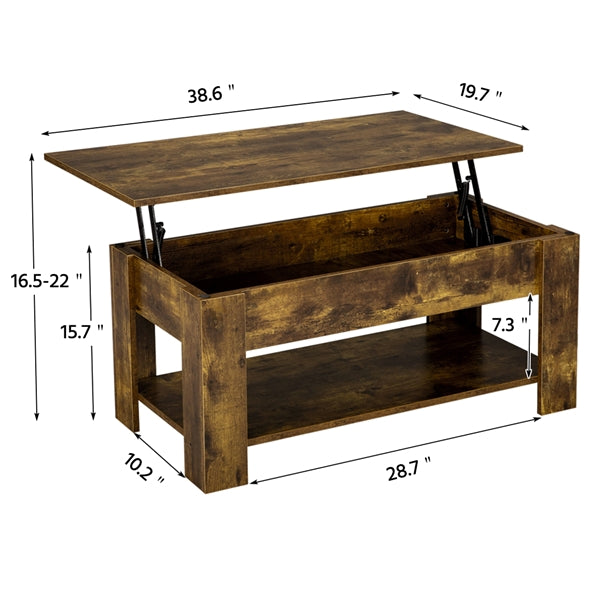 Modern Wood Lift Top Coffee Table with Hidden Compartment and Lower Shelf, Rustic Brown