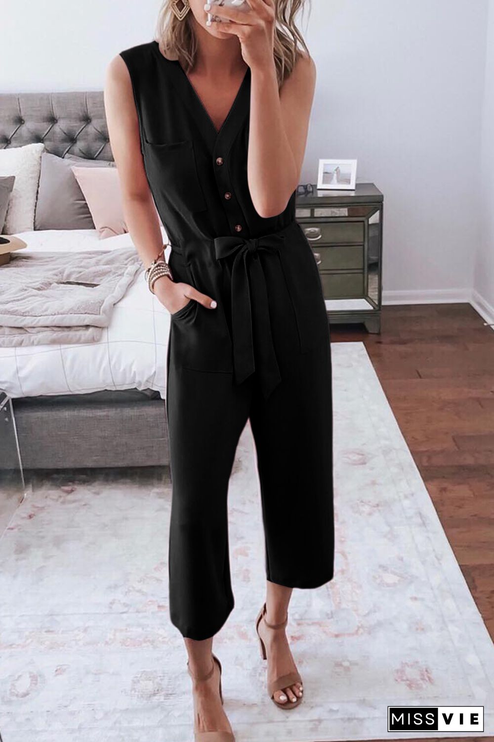 Black Buttoned Sleeveless Cropped Jumpsuit with Sash