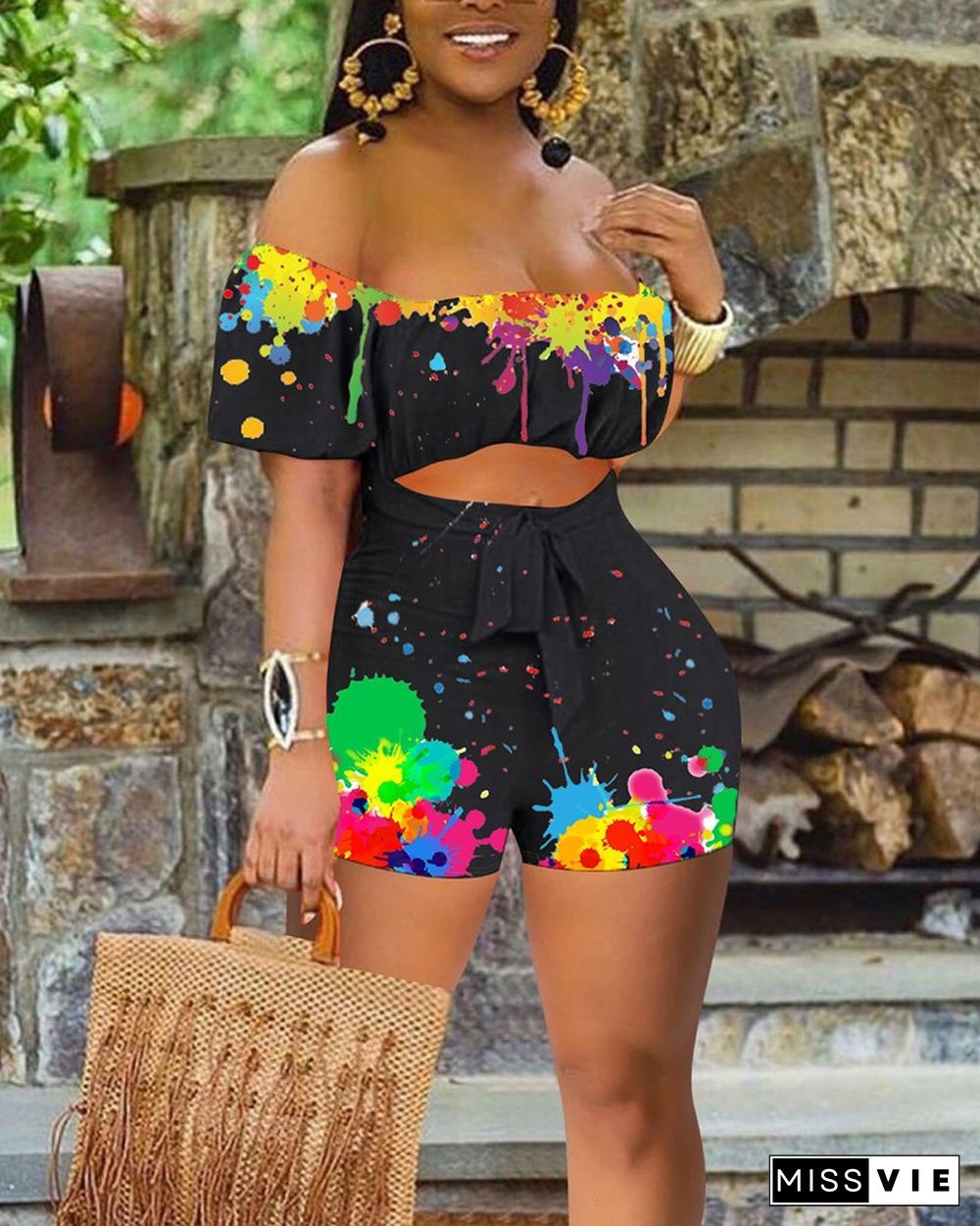 Ink Splash Off Shoulder Tie Front Cut-out Shirred Romper