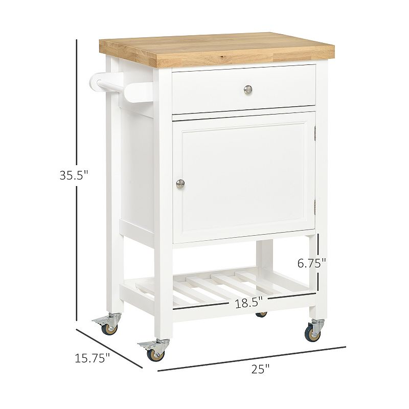 HOMCOM Utility Kitchen Cart Rolling Kitchen Island with Smooth Rubberwood Top Narrow Butcher Block Surface on Wheels with Storage Drawer and Cabinet White