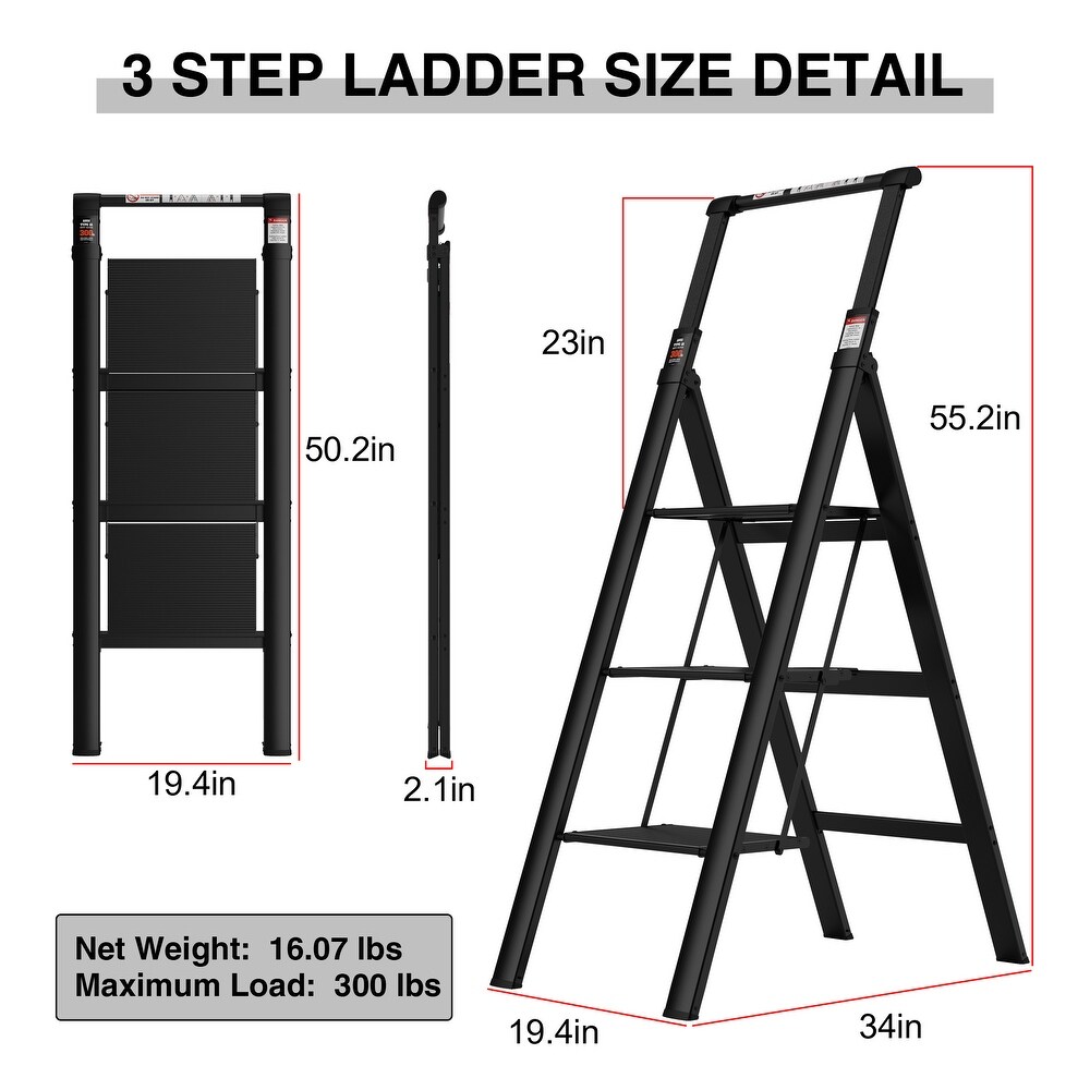 Retractable Handgrip Folding 3 Step Ladder with Anti Slip Wide Pedal