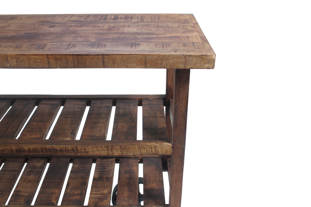 Golden Mango Wood Trolley Console With Shelves on Heavy Iron Wheels   Industrial   Console Tables   by Moti  Houzz