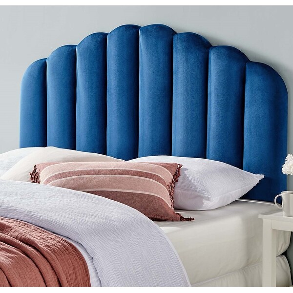 Burney Scalloped Blue Velvet Upholstered Full/Queen Size Headboard - - 31684738