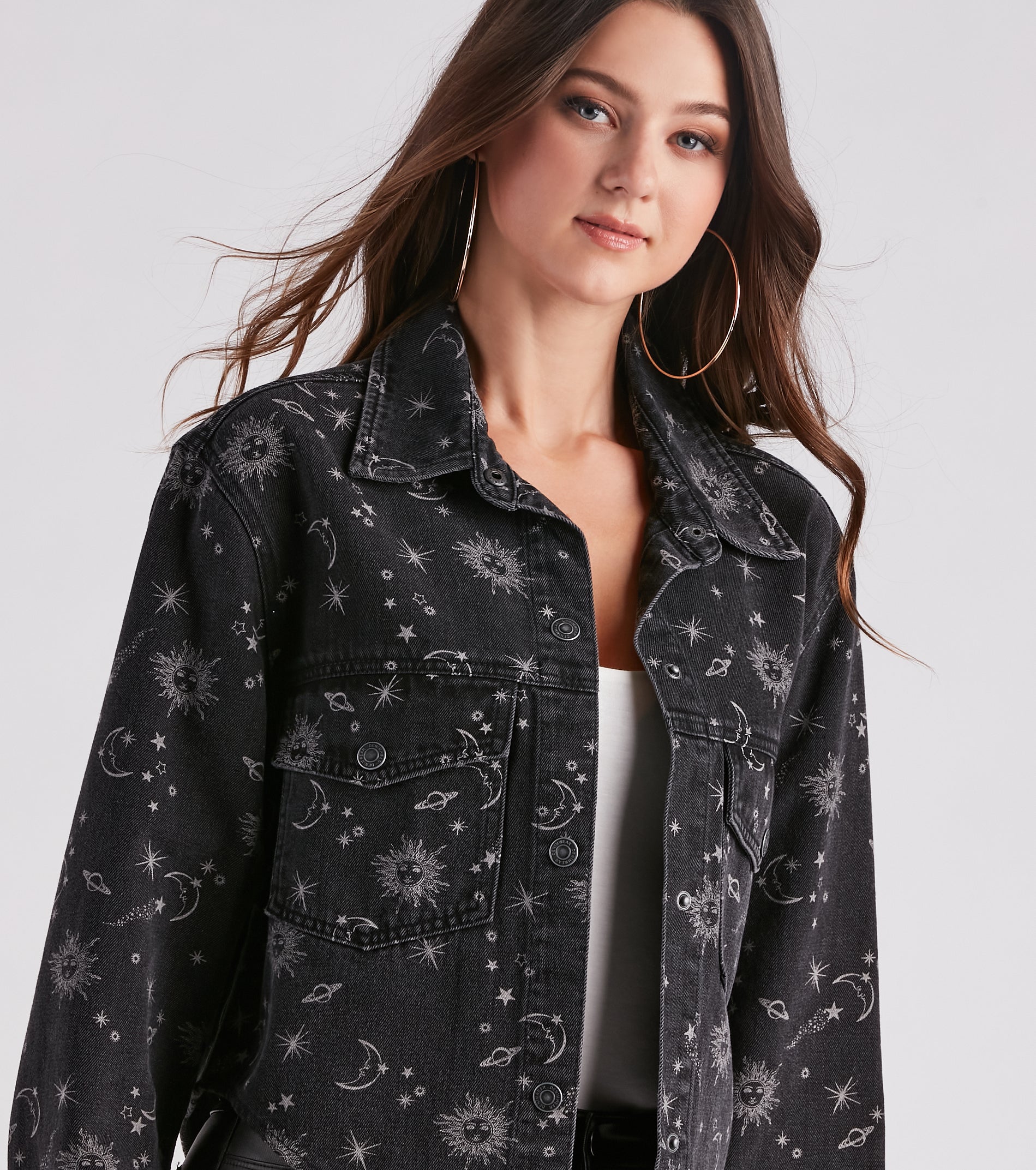 Dreamy Trendsetter Celestial Print Denim Shacket