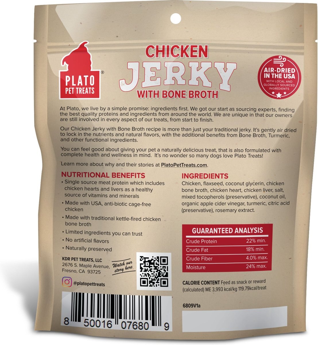 Plato Chicken Jerky w/Bone Broth Dog Treat