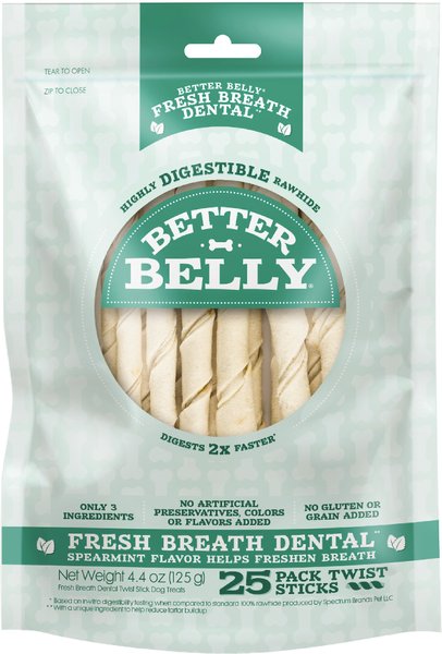 Better Belly Fresh Breath Dental Spearmint Flavor Twist Sticks Dog Treats， 25 count