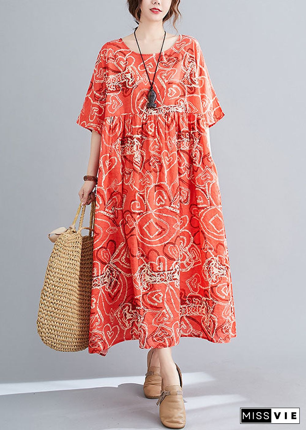 Modern Red O-Neck Print Wrinkled Cotton Beach Dress Short Sleeve