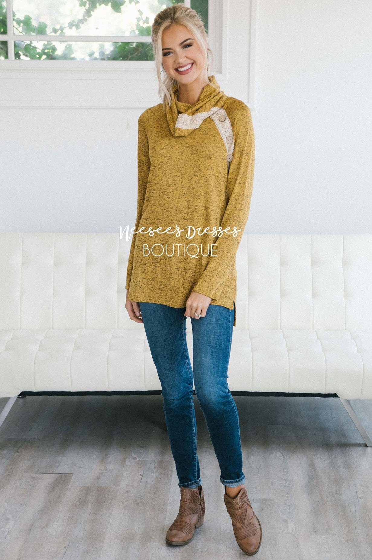 Lace & Buttons Cowl Neck Sweater