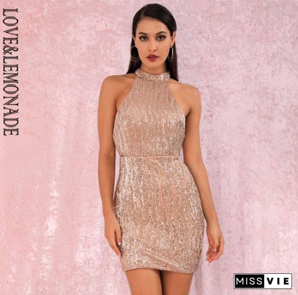 Love&Lemonade Rose Gold Sexy Open Back Halter Dry Shoulder Slim Elastic Sequin Mini Party Dress Lm80492Mini