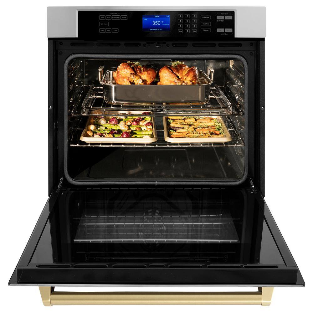 ZLINE Kitchen and Bath Autograph Edition 30 in. Single Electric Wall Oven with True Convection and Champagne Bronze Handle in Stainless Steel AWSZ-30-CB