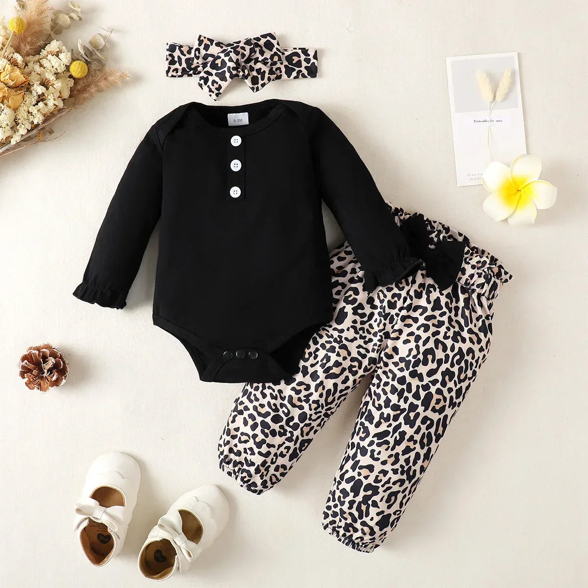 3Pcs Newborn Baby Girl Clothes Sets Infant Outfit Ruffles Romper Top Bow Leopard Pants New Born Autumn Fall Toddler Clothing