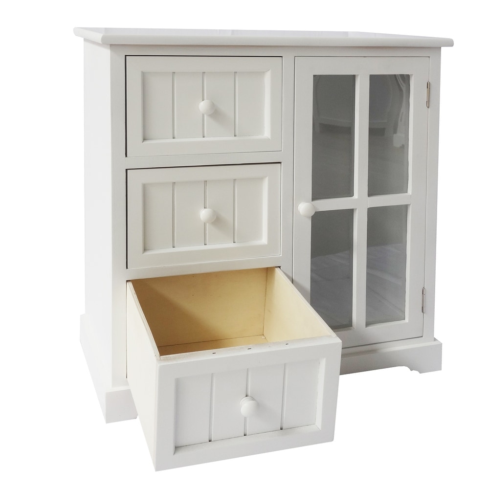 24 Inch Paulownia Wood Accent Cabinet  3 Drawers  1 Glass Door  White