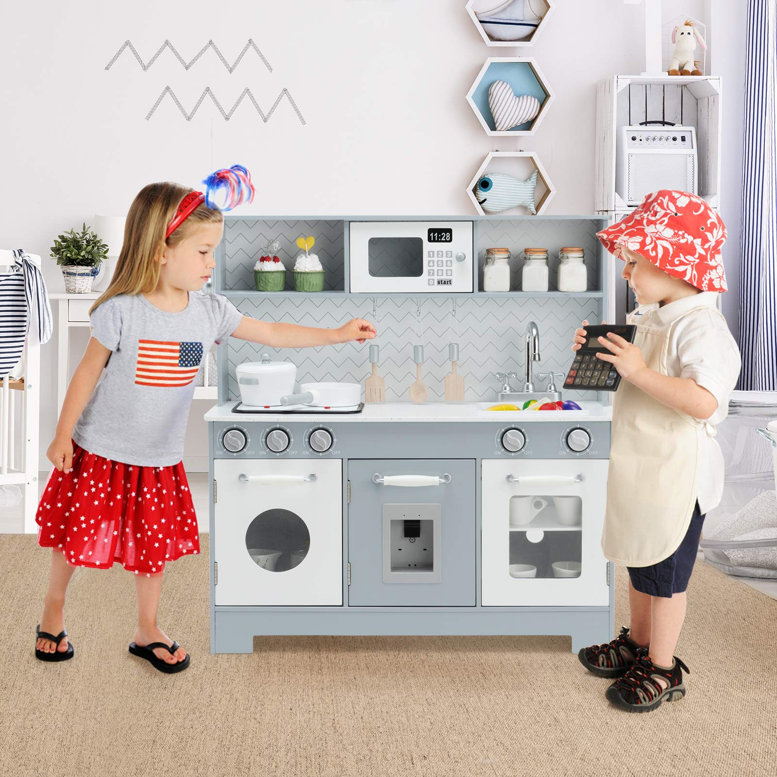 Costzon Kids Kitchen Playset, Wooden Pretend Cooking Playset w/ Stove, Fridge, Microwave, Removable Sink