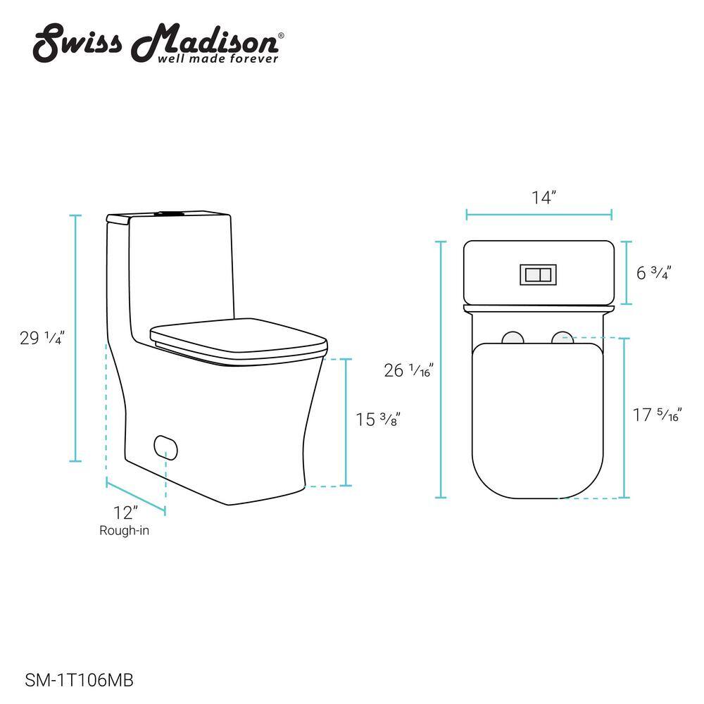 Swiss Madison Concorde 1-Piece 0.8 GPF1.28 GPF Dual Flush Square Toilet in Matte Black Seat Included SM-1T106MB