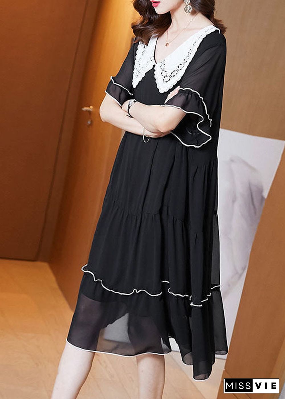 Fashion Black Peter Pan Collar Patchwork Chiffon Maxi Dresses Summer