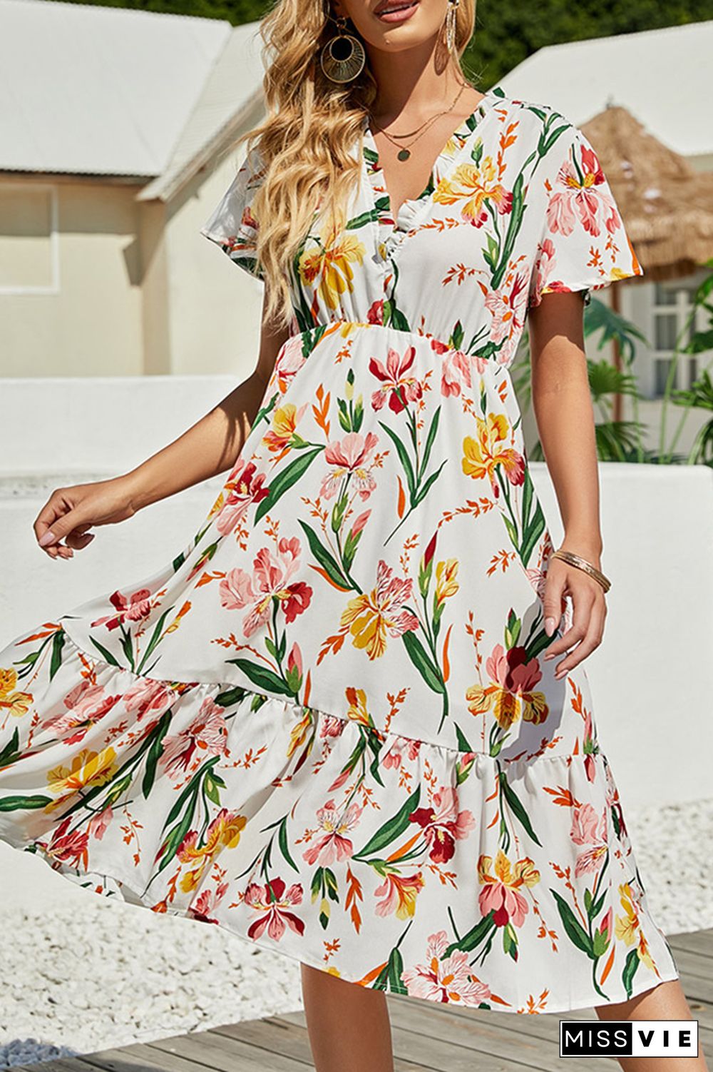 Floral Print V Neck Dress Wholesale