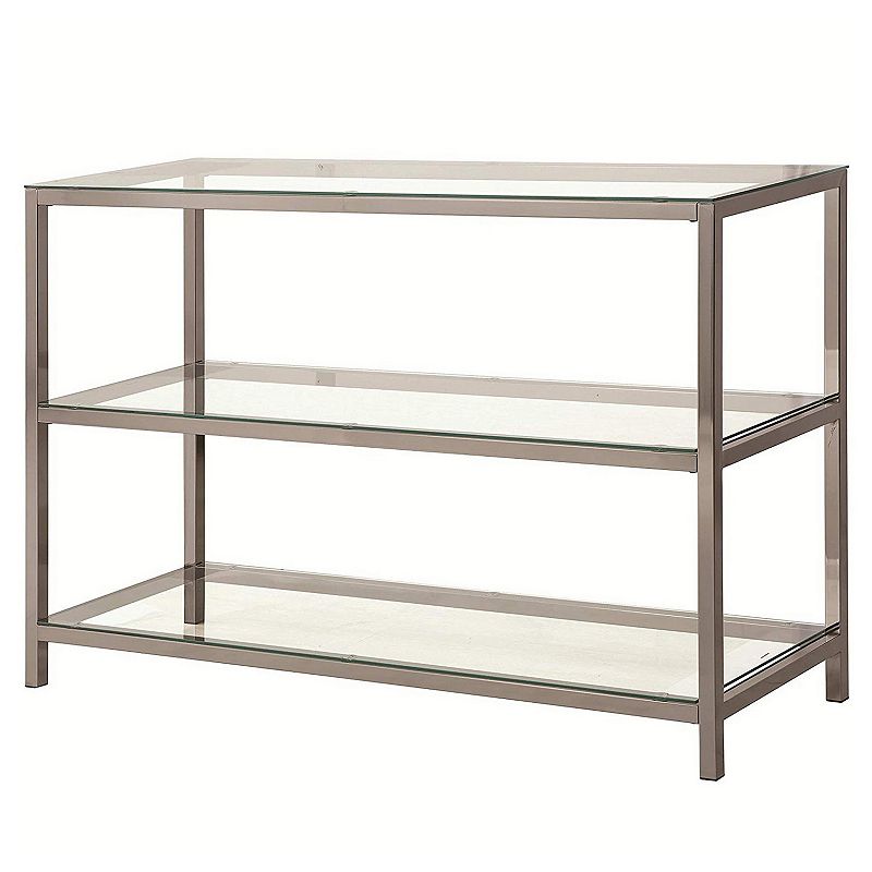 Glass and Metal Frame Sofa Table with 2 Open Shelves， Silver and Clear