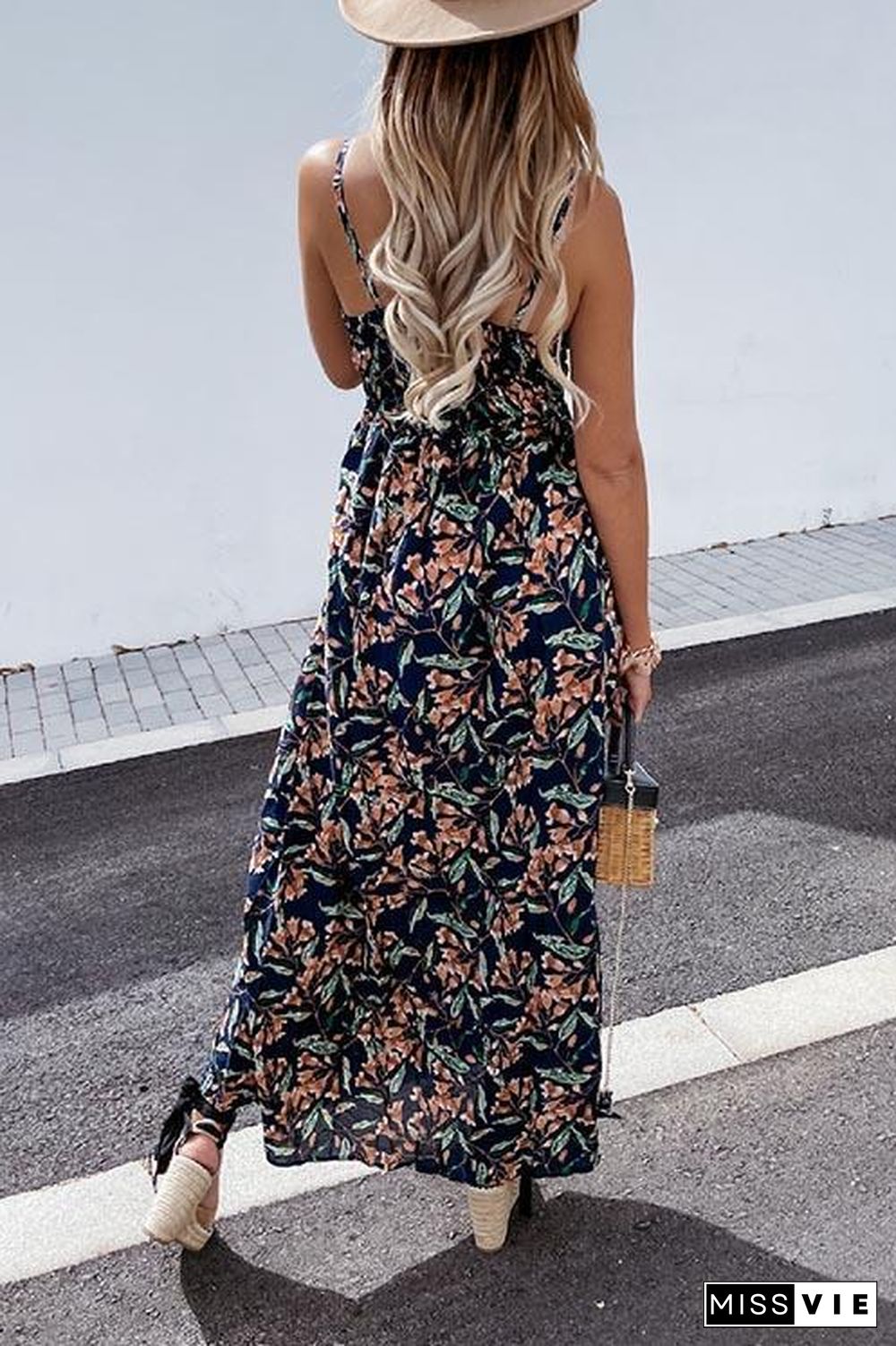 Summer Leaf Print Suspender Maxi Dress