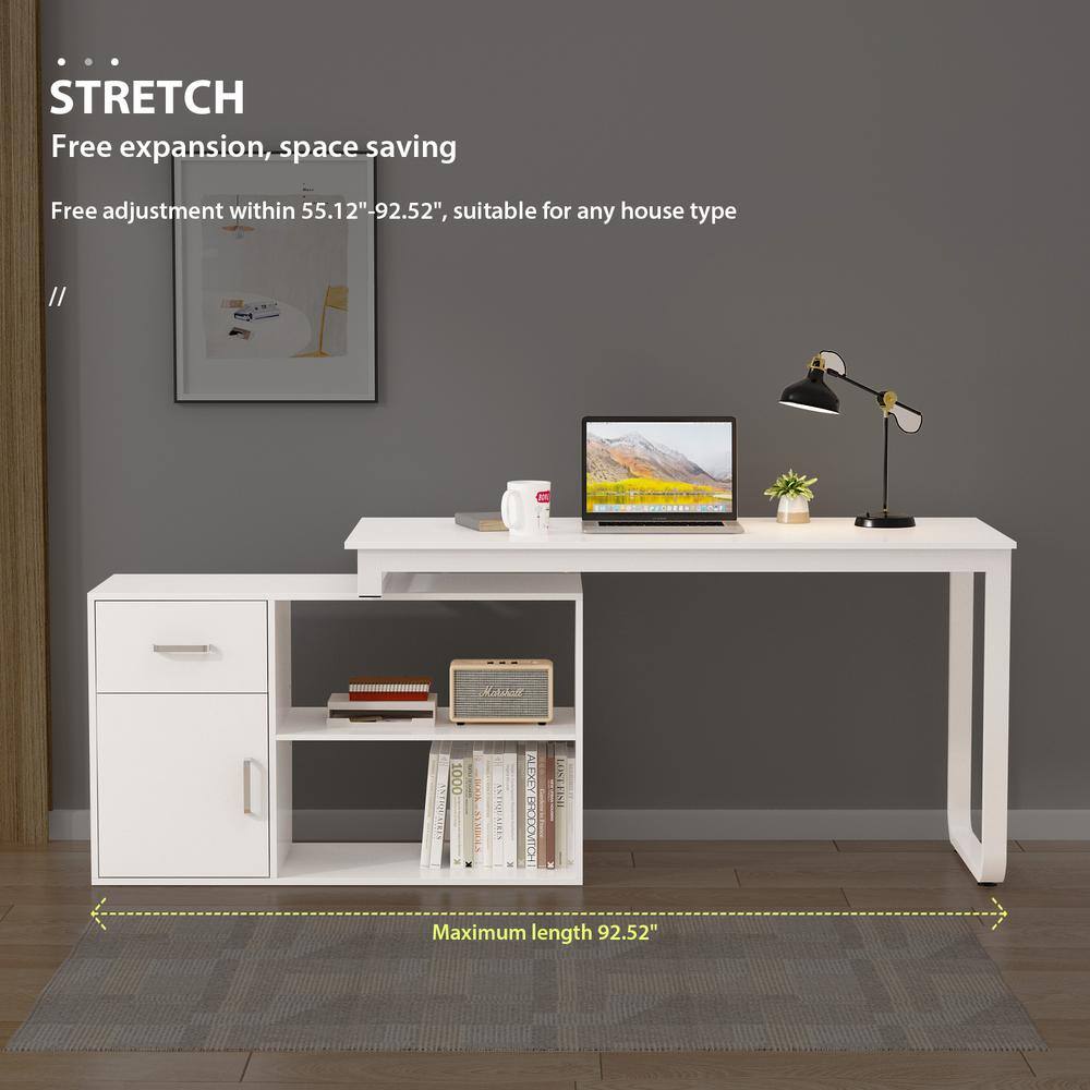 FUFUGAGA L-Shaped Wooden Computer Desk White Finish with 1 Drawer Open Shelves and Eco-Friendly Paint Finish 55.1 in. W LBB-KF210175-01