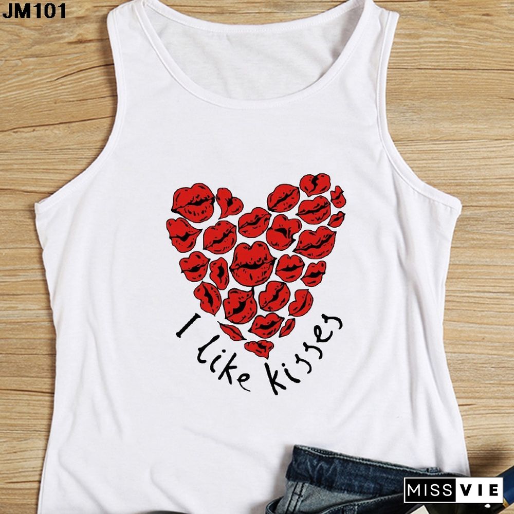 Heart Flower Printed Ladies Camisole Harajuku Casual White Vest Summer Womens Love Graphic Tank Tops Fashion Sleeveless T Shirt