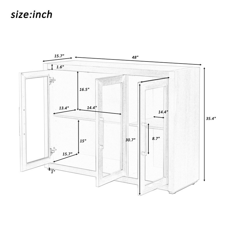 Durable Wood Storage Cabinet Sideboard with 3 Tempered Glass Doors and Adjustable Shelves