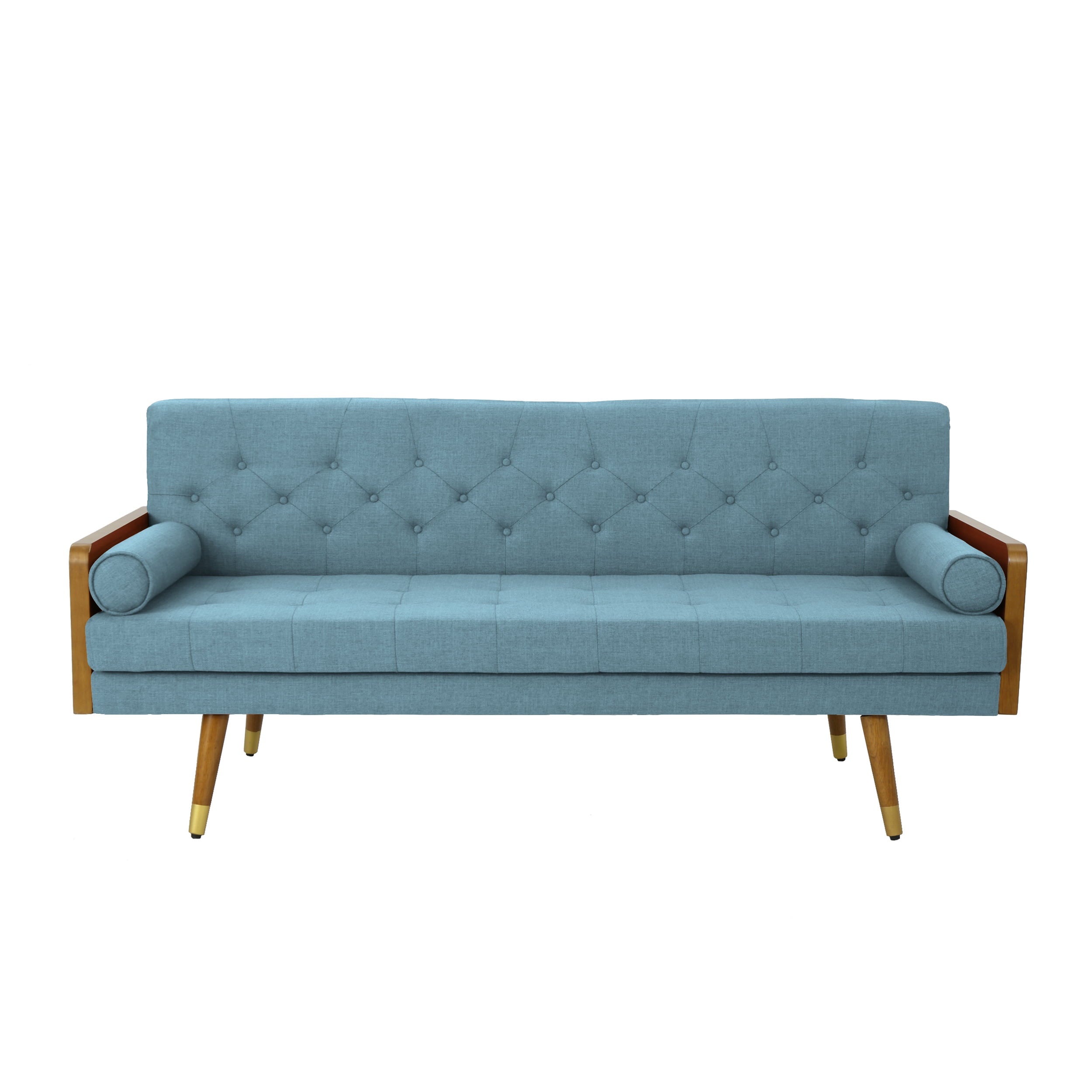 Noble House Nathanial Fabric Tufted Sofa, Blue, Dark Walnut