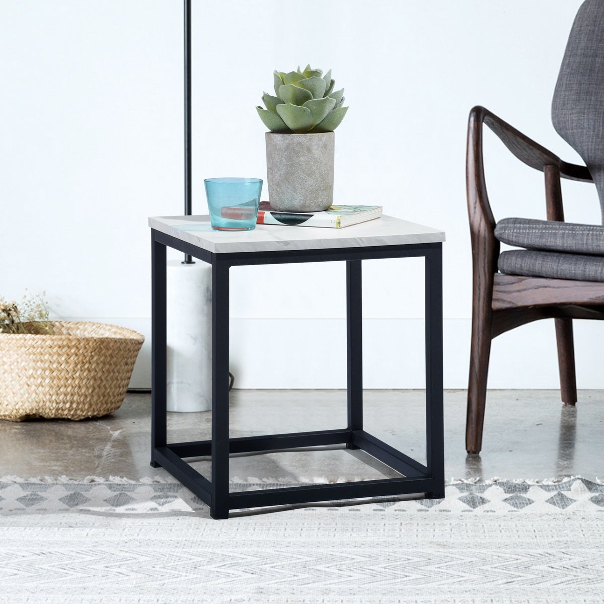 Faux Marble Square End Table/Side Table/Night Stand with Metal Frame Box